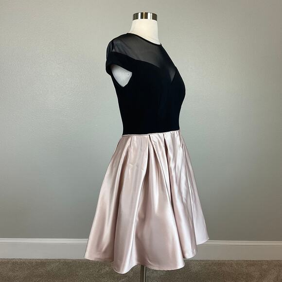 Betsy & Adam Mini Fit and Flare Cocktail Dress Size 8 Black Knit and Pink Satin - Picture 2 of 12